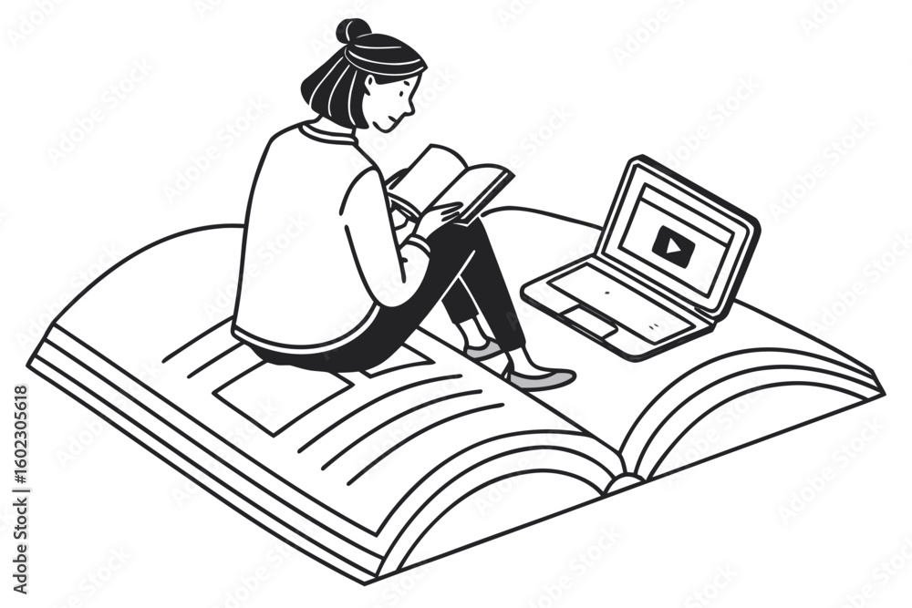 Poster enjoying a learning experience by reading a book while engaging with online video content in a creat