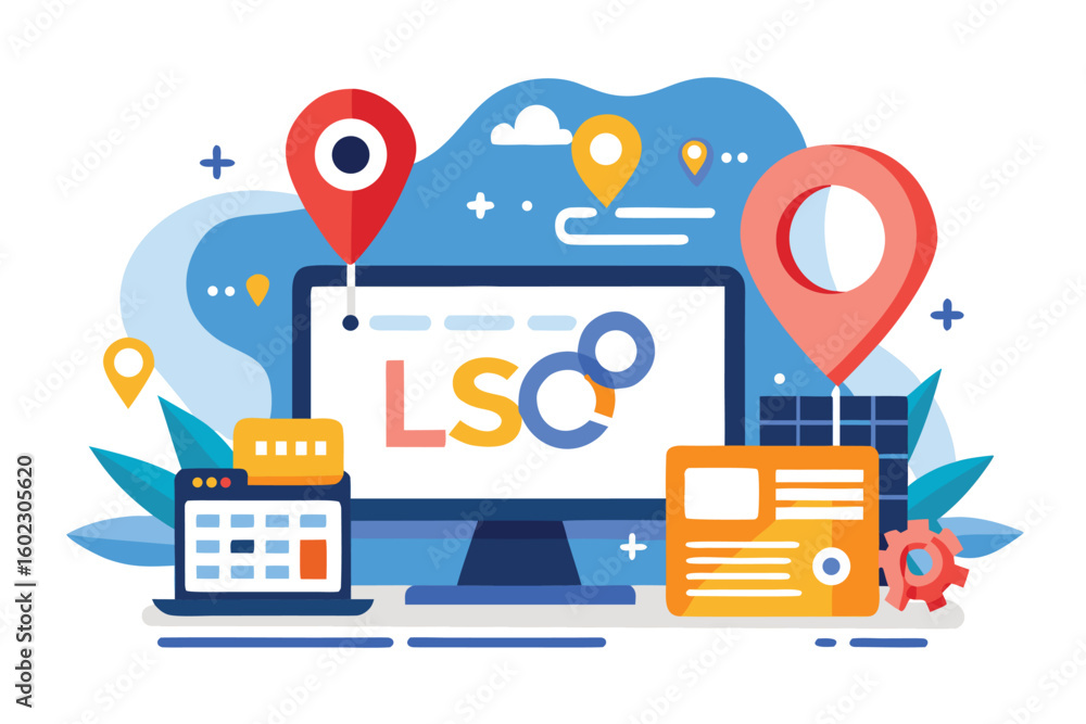 Poster digital workspace showcasing colorful graphics of a computer, calendar, and location pins for lsc pr
