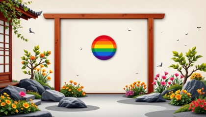 a cultural architectural lgbt pride background with minimalist japanese zen garden layout and pride motifs, on hand painted ceramic textures, used in cultural center pride invitations.
