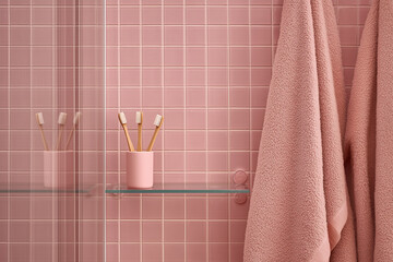 Pink bathroom with toothbrushes and towel