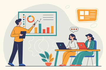Team members engage in a business presentation discussing data analysis and strategies in a modern office environment