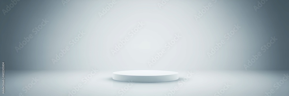 Poster a simple white circular platform stands on a reflective surface within a light gradient studio