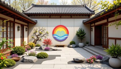 a cultural architectural lgbt pride background with minimalist japanese zen garden layout and pride motifs, on hand painted ceramic textures, used in unity themed pride murals.