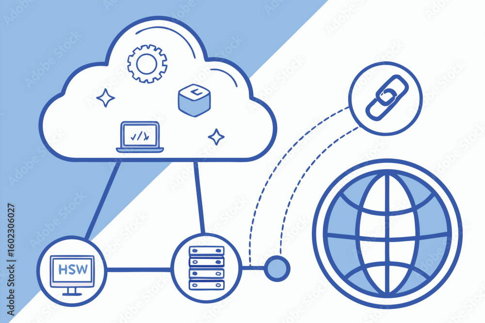 Poster illustration of modern cloud computing concepts highlighting data storage, networking, and interconn