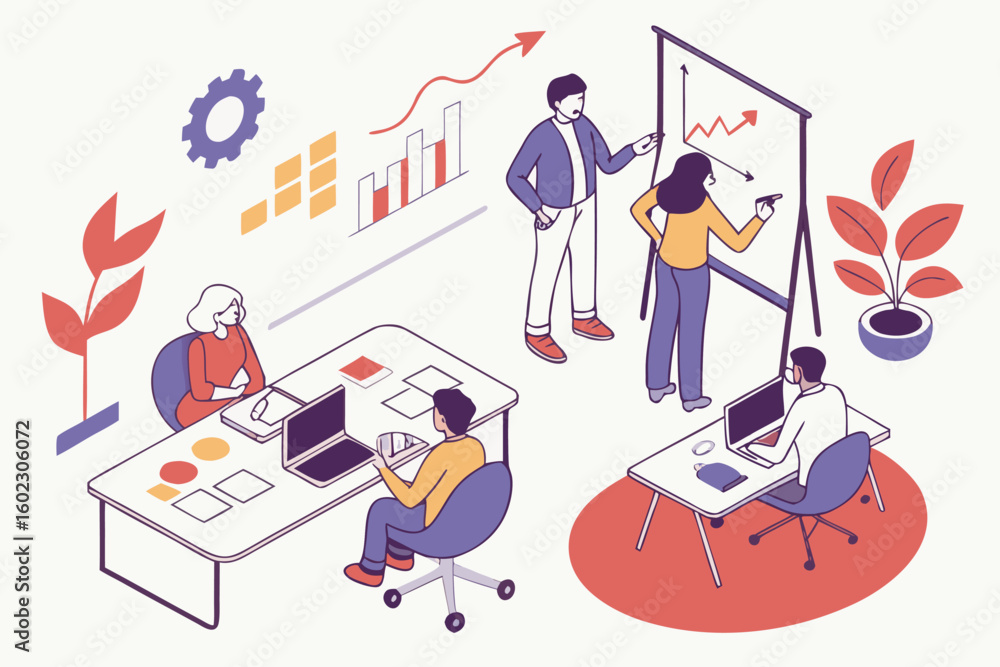 Poster business team engaged in a strategy meeting discussing performance metrics and growth projections wi