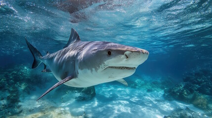 Fototapeta premium Shark Week. Majestic tiger shark swimming gracefully underwater, showcasing its powerful physique and sharp features amidst vibrant coral reef and clear blue ocean environment