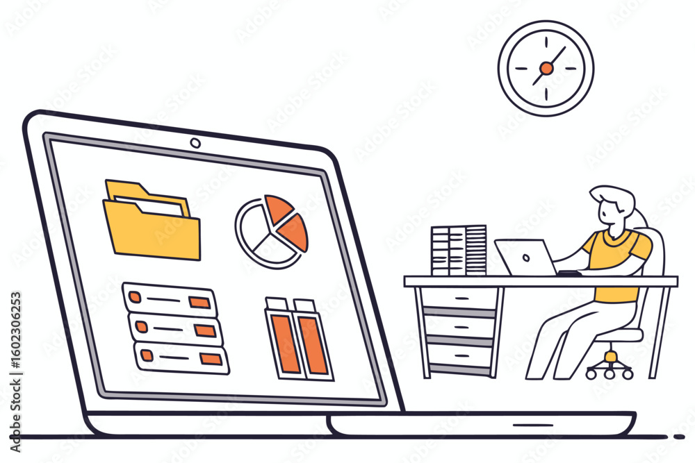 Poster digital workspace showing a person working on a laptop with data files and charts displayed while se