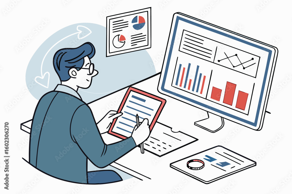 Poster person analyzing data and preparing reports using a tablet and computer in a modern workspace with c