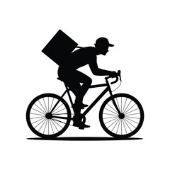 Obraz premium Delivery person riding a bicycle with a large box silhouette isolated on white background