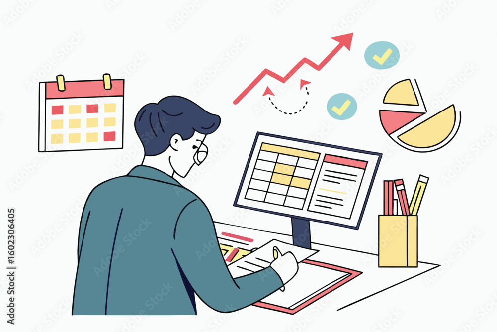 Poster professional working at a desk analyzing data and preparing reports with charts and graphs, incorpor