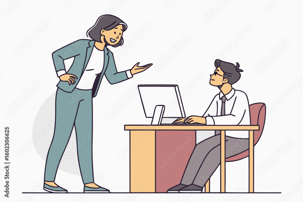 Poster professional interaction between a woman in a suit and a man at a desk in an office setting during a