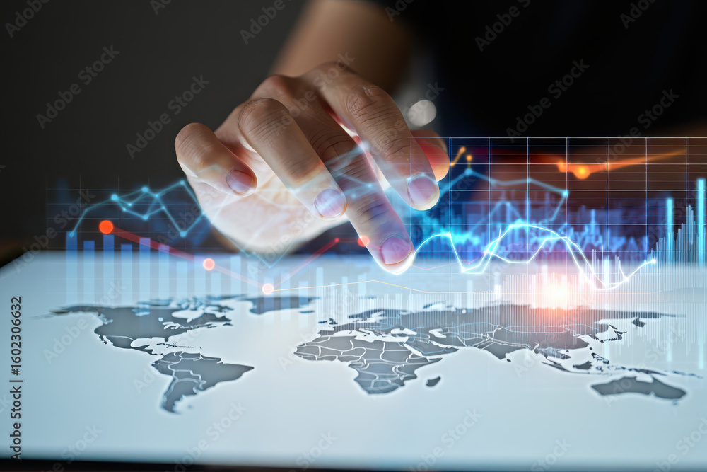 Aufkleber a hand interacting with a digital world map and financial data on a glowing screen display surface