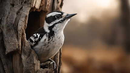 Fototapeta premium Downy Woodpecker in Hollow Tree: This Downy Woodpecker, perched regally inside its tree home, presents a captivating view. It is a stunning portrait, capturing the charm of the tiny bird.
