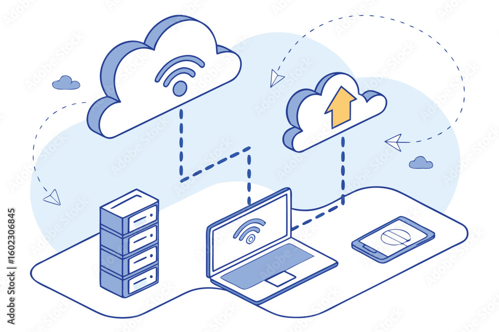 Poster cloud computing network diagram illustrating data transfer between devices and cloud storage in a mo