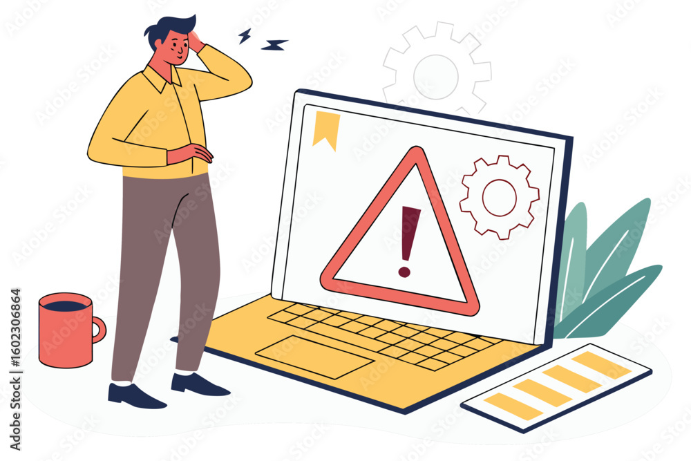 Poster concerned man looking at a laptop displaying an error message while standing beside a coffee cup in 