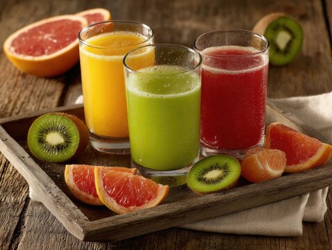 Three glasses of vibrant fruit juice (orange, green, red) on a rustic wooden tray, surrounded by halved grapefruits and kiwis