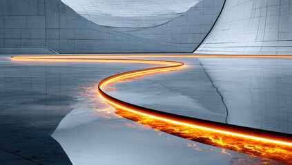 Abstract futuristic interior, glowing orange line