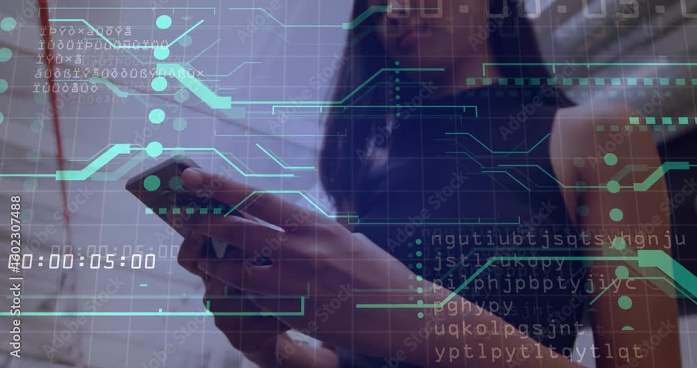 Poster Female user tapping smartphone screen in hall and navigating live data with green circuit overlay