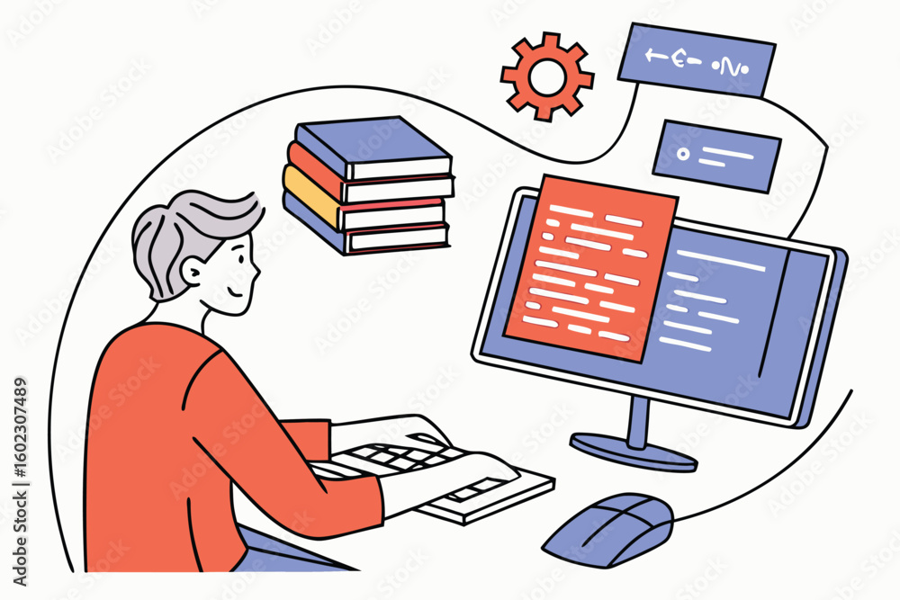 Poster person working on computer programming while sitting at a desk with books and tools in a modern work