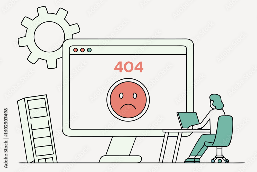 Poster computer user encounters a 404 error while working on a laptop at a desk next to a shelf in a modern