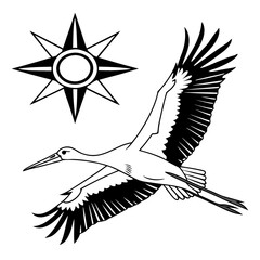 Buck bird Minimalist bird illustration, black outline, white background, long-necked wading bird, heron silhouette, simple curved lines, graphic design style, vector art, stylized wildlife icon, clean