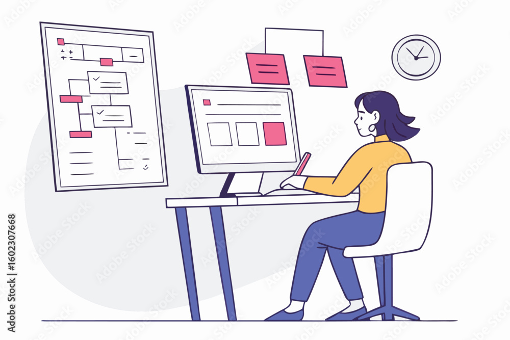 Poster person working on a digital project at a desk with a monitor, flowchart, and notes in a modern works