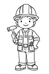 Line Art Cartoon Builder Construction Worker Illustration with Hammer and Helmet. Ai Generated Images