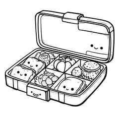 Black Outline Kawaii Bento Box with Food Cartoon Illustration. Ai Generated Images