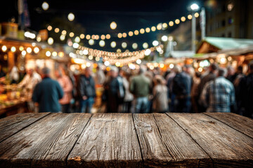 Rustic wooden table at a bustling night market