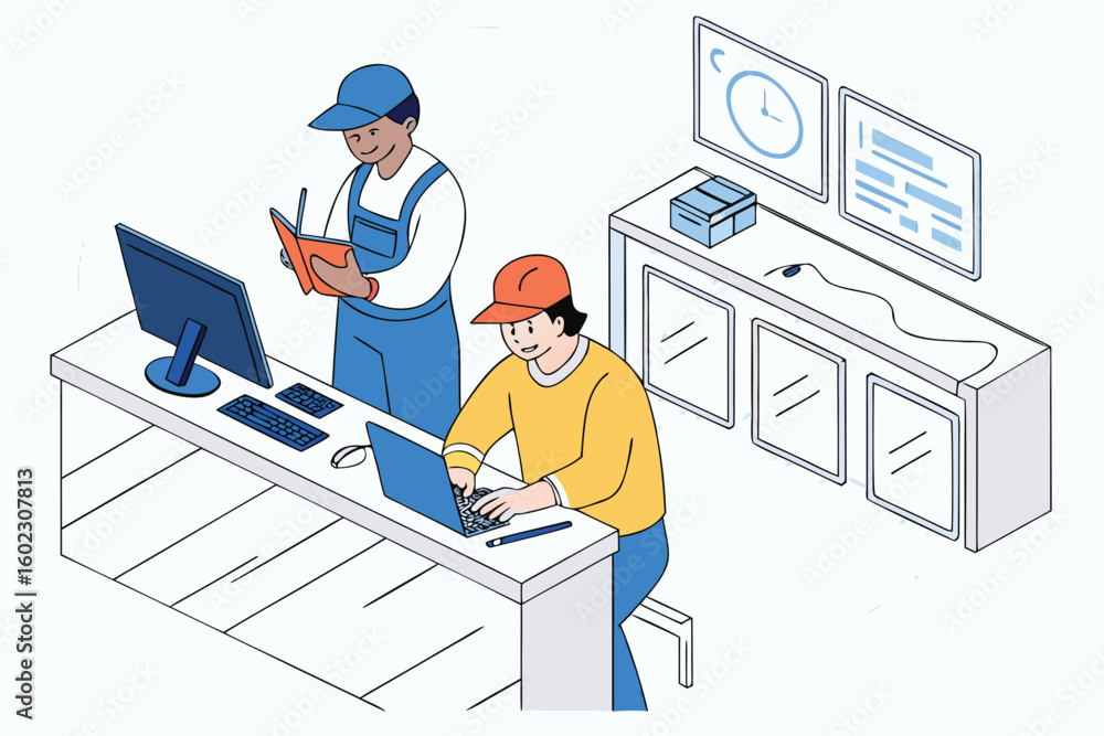 Aufkleber workers engaging in tasks at a service counter in a modern retail environment during the daytime