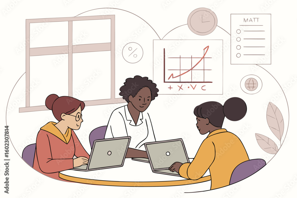 Poster three women collaborate on a project in a modern workspace filled with charts and graphs during the 