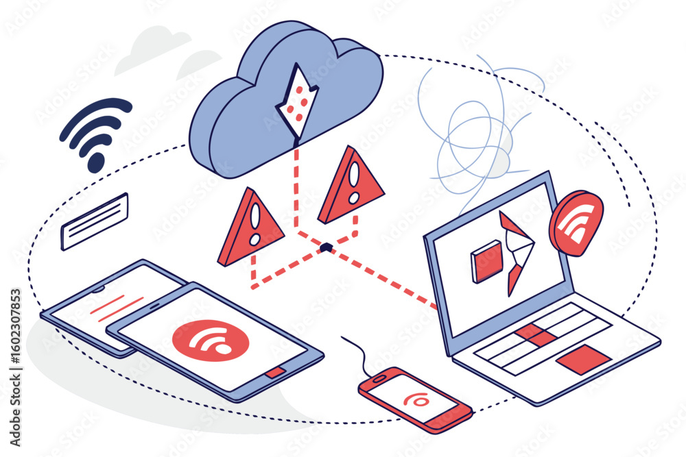 Aufkleber visual representation of a cloud network connecting devices and indicating issues with signal streng
