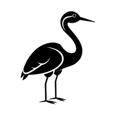 Fototapeta premium Buck bird Minimalist bird illustration, black outline, white background, long-necked wading bird, heron silhouette, simple curved lines, graphic design style, vector art, stylized wildlife icon, clean