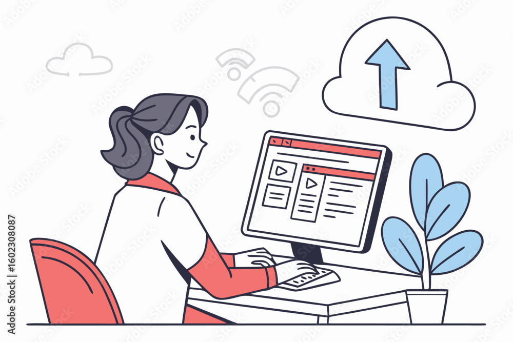 Poster woman working on a computer at home with a cloud icon representing data upload while sitting in a mo