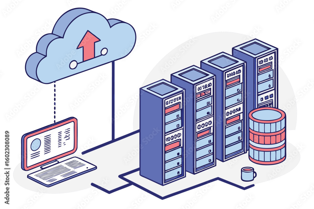 Poster illustration of cloud data storage system with servers, a computer, and a data barrel in a modern, d