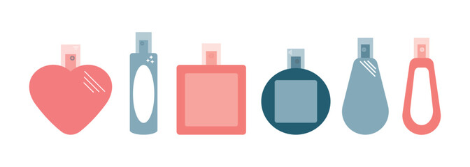 Set of perfume colorful icons. Bottle, flacon, spray illustration. Beauty care concept. Color vector illustration of perfume bottle.