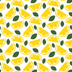 Juicy lemon slices and mint leaves seamless pattern. Background with citrus and greenery create lemonade. Lemon refreshing summer print for textile, packaging, design, vector graphic