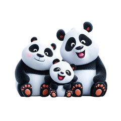 Obraz premium Panda family sitting together with cute smiles and playful 3D art and isolated white background Batch realistic clean bright simple modern stock image isolated on plain background for web and print