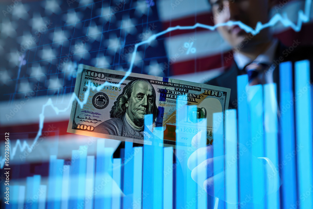 Poster a hundred dollar bill with a graph overlay and a man in the background and american flag behind