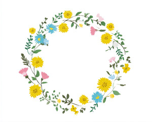 Fototapeta premium Simple spring flower wreath in flat vector style with yellow and blue colors on white background. Minimalist design with clean lines, hand-drawn details, no shadows or gradients. Clipart-style vector 