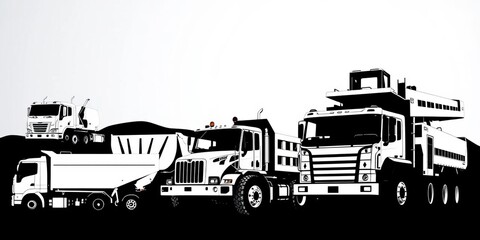 Fototapeta premium Black and white vector silhouettes of heavy construction vehicles, including trucks , powerful, loader