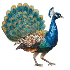 Obraz premium Peafowl flapping wings in defensive display and tail half-spread and feathers detailed and isolated white background Batch realistic clean bright simple modern stock image isolated on plain backgro