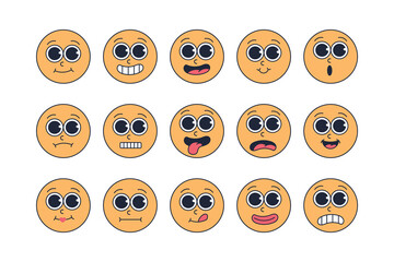 Cute Round Emoji Set with Big Eyes. Funny Cartoon Facial Expressions for Stickers