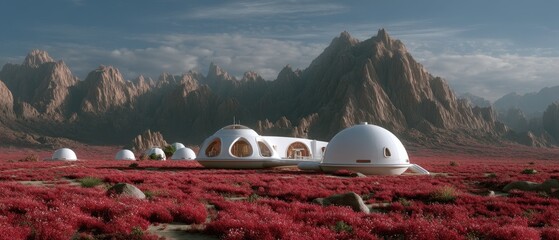 Retrofuturistic mars colony with art deco architecture in scenic martian landscape