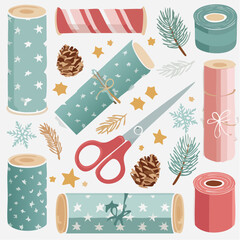 A vibrant collection of festive wrapping paper rolls, sharp scissors, natural pinecones, and various winter holiday decorations for crafting.
