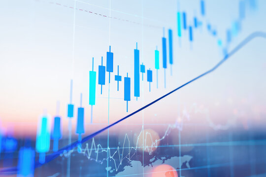 Blue candlestick chart with an upward trend line over a world map financial representation