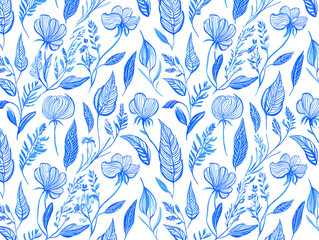 Fototapeta premium Serene Blue Floral Watercolor Seamless Pattern: Elegant Botanical Line Art Design for Textile, Wallpaper, and Packaging.