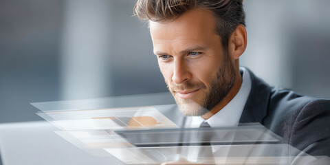 Executive Peering Into Transparent Laptop Displaying Layered Business Metrics To Reveal Deep Data Insights in 3D Interface