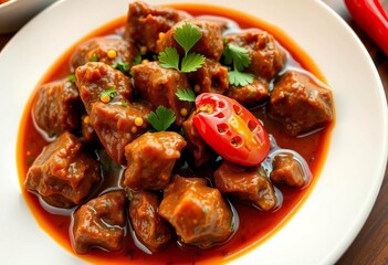 Close-up of tender beef rendang in rich coconut gravy, garnished with chilies and parsley on a white plate,   Indonesian cuisine,  dark