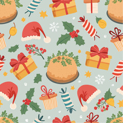 A festive seamless pattern featuring traditional Christmas puddings, red Santa hats, wrapped gift boxes, and green holly leaves.